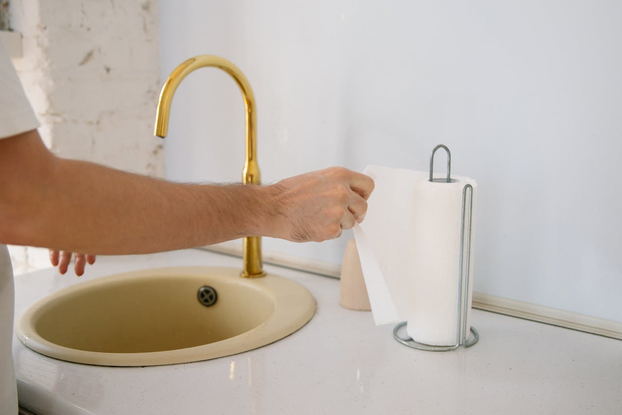 services-03 A bathroom sink with a golden faucet and hand reaching for a paper towel in a clean setting.